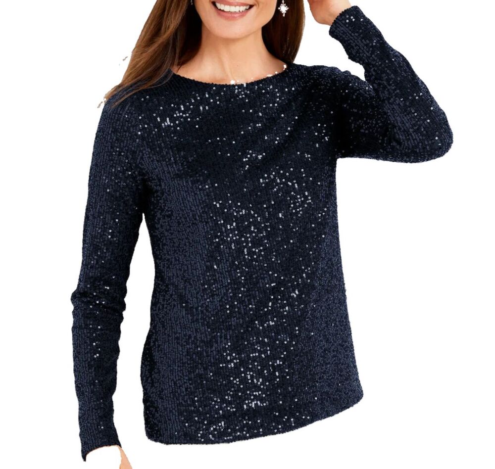 Talbots Sequin Long Sleeve Knit Top Navy Blue Women Sz L Holiday NYE Parties NWT